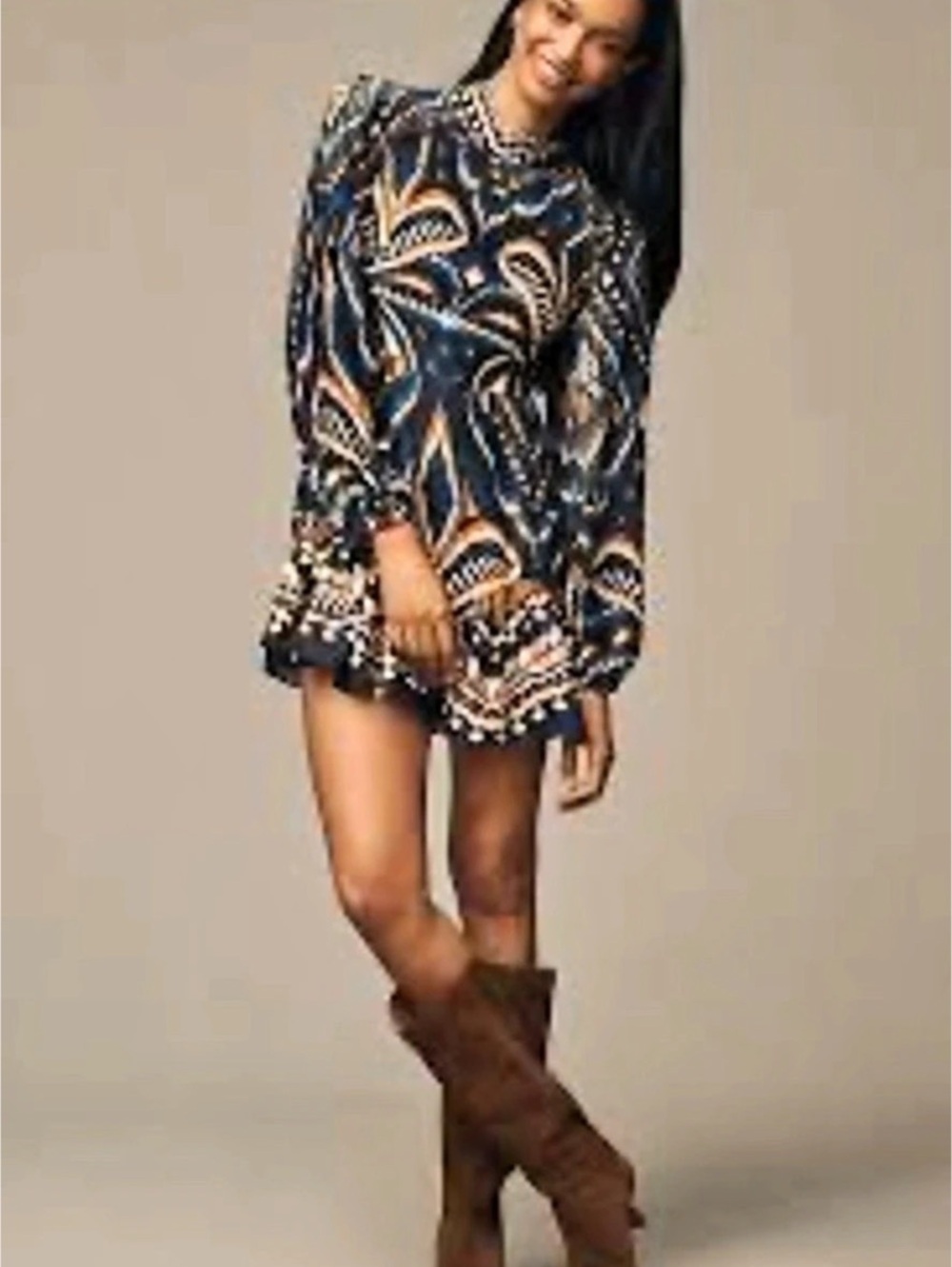 FARM Rio Pineapple Ikat Long-Sleeve Raglan Mini Dress